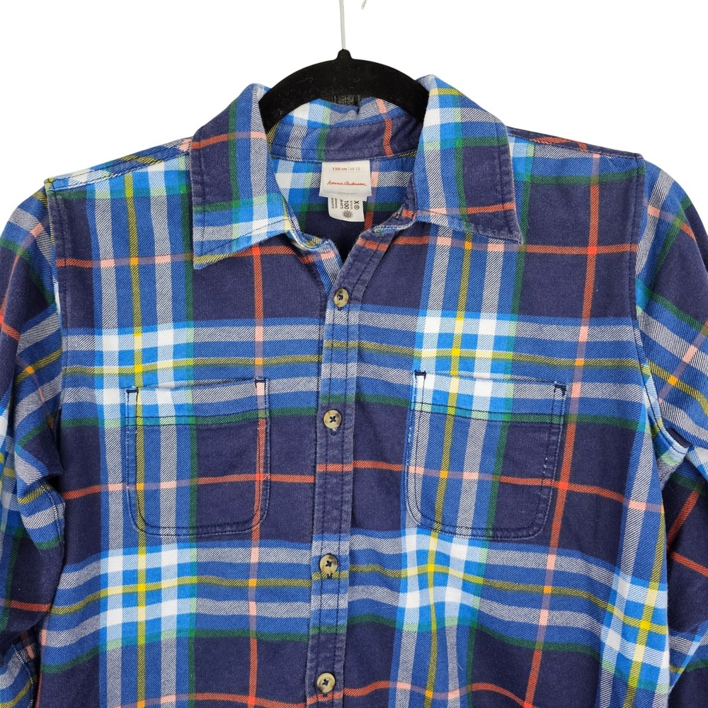 Hanna Andersson Kids Size 12 Flannel Button Down Shirt Navy Blue Plaid Cotton - Picture 5 of 9